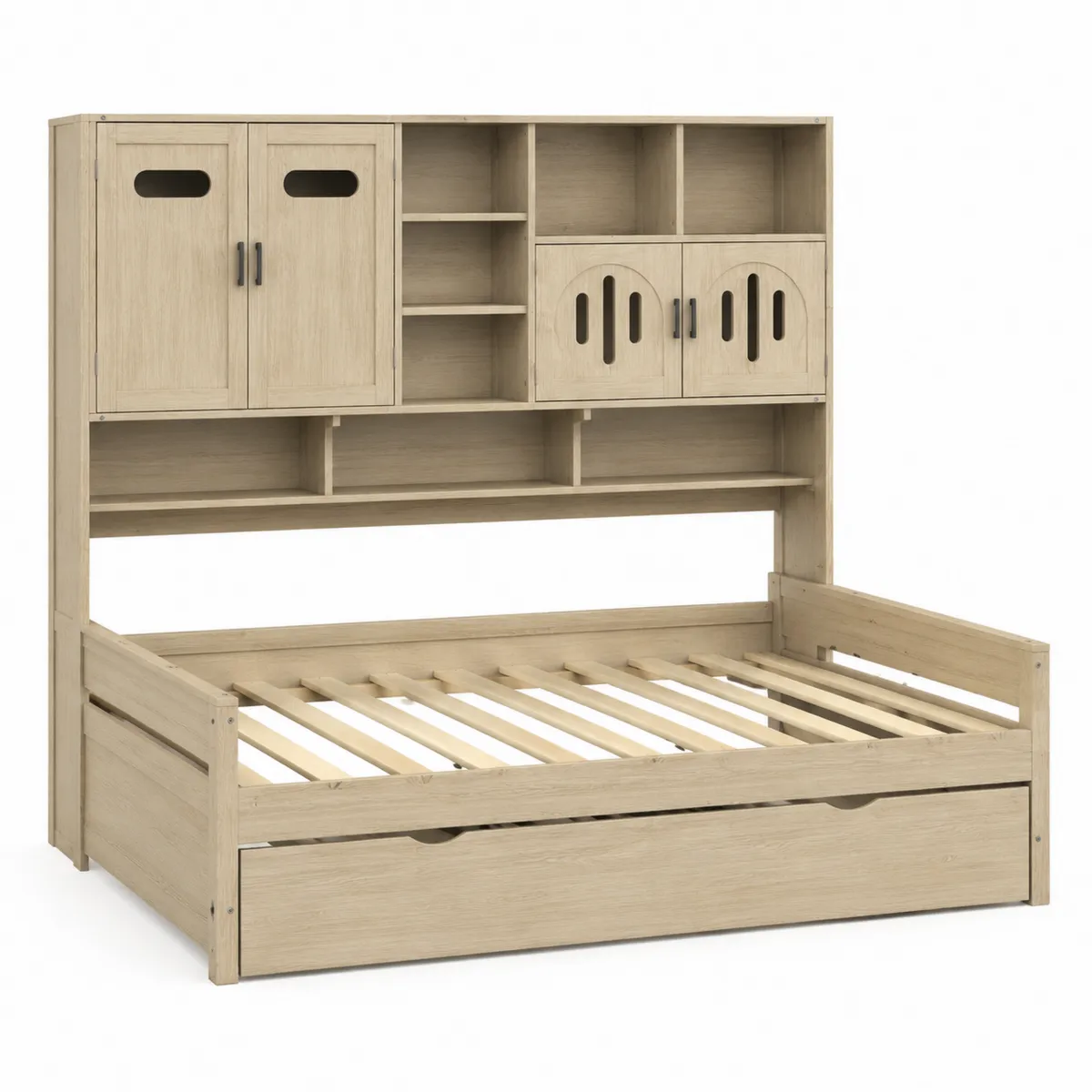 Holzbett mit Regal und Schubladen aus Kiefernholz 200x90 cm