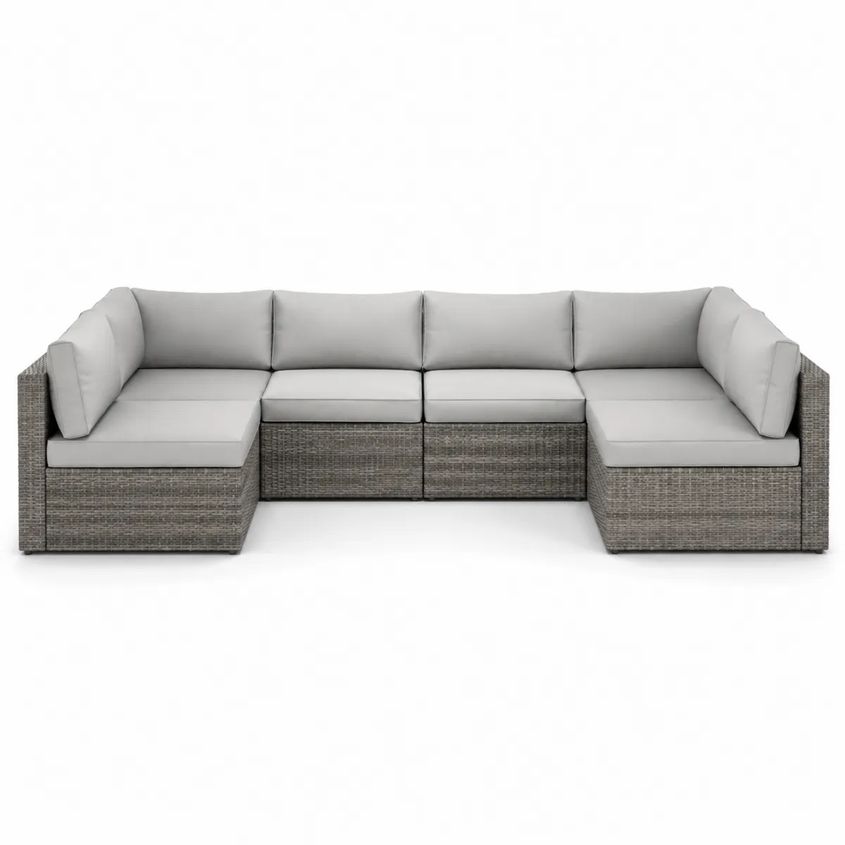 Modulares 6-teiliges Rattan-Gartensofa mit grauen Kissen