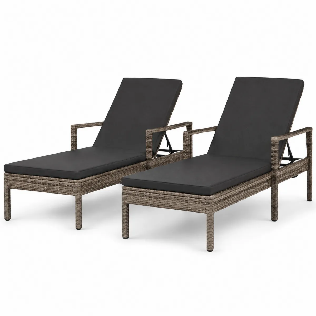 2er Set Sonnenliege Rattan mit Kissen Grau Polyethylen Metall