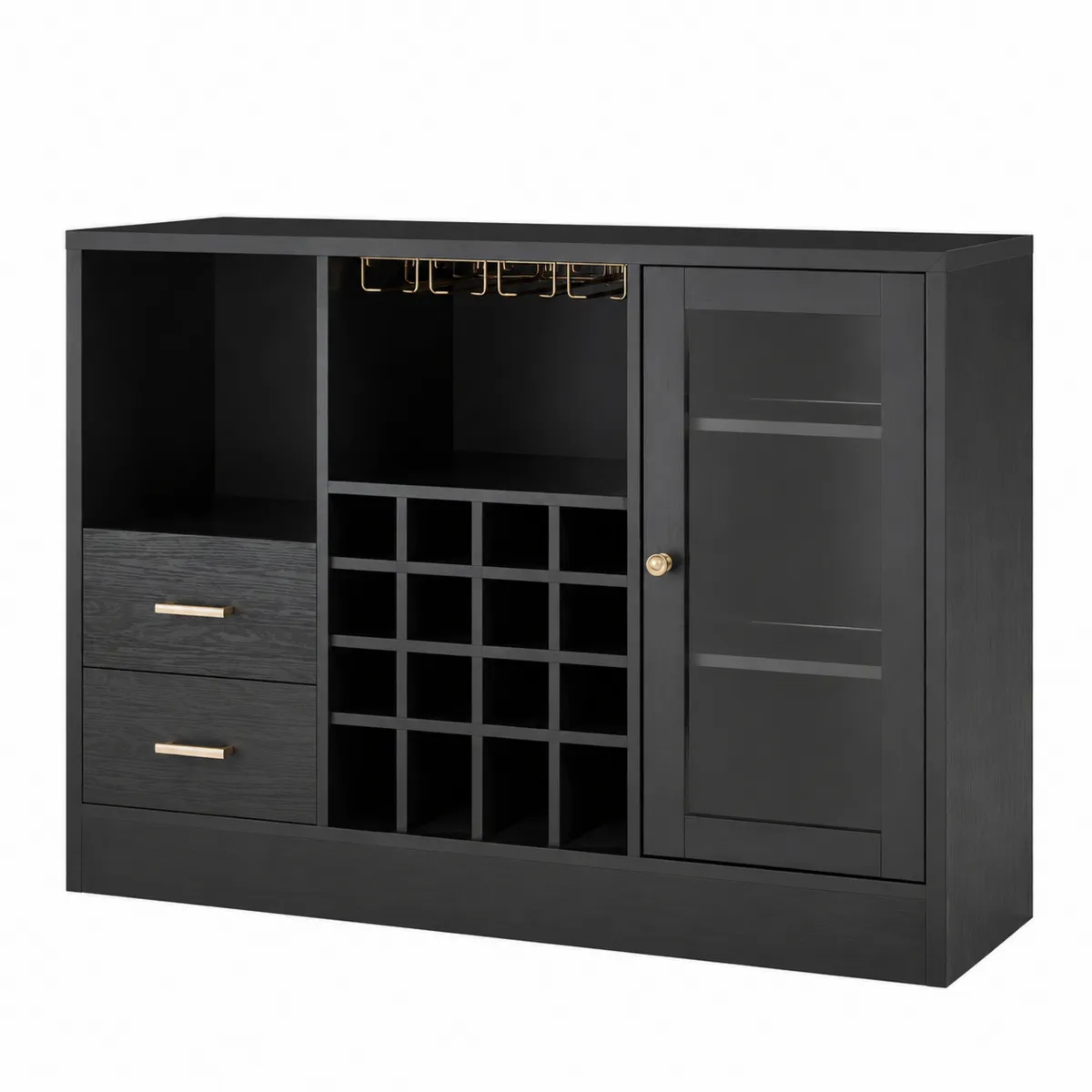 Schwarzer Weinschrank mit Holz und Glas