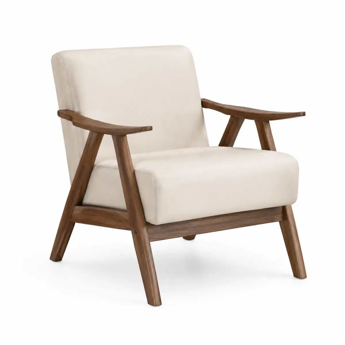Sessel mit Armlehnen Beige Lederbezug Walnussholzrahmen