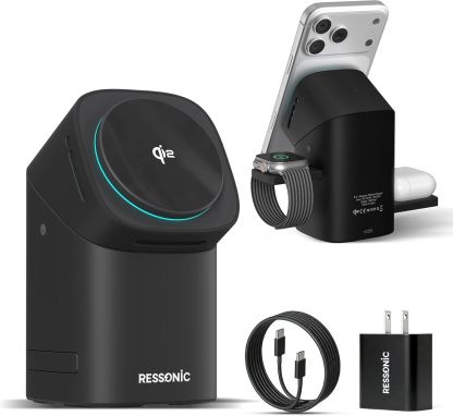 3 in 1 Wireless Charging Station for Apple & Samsung, Qi2 Certified 15W Fast Magnetic Wireless Charger Stand for Magsafe iPhone 17/16/15/14/13/12 Pro Max, Galaxy S25/24/23/22, AirPods, iWatch