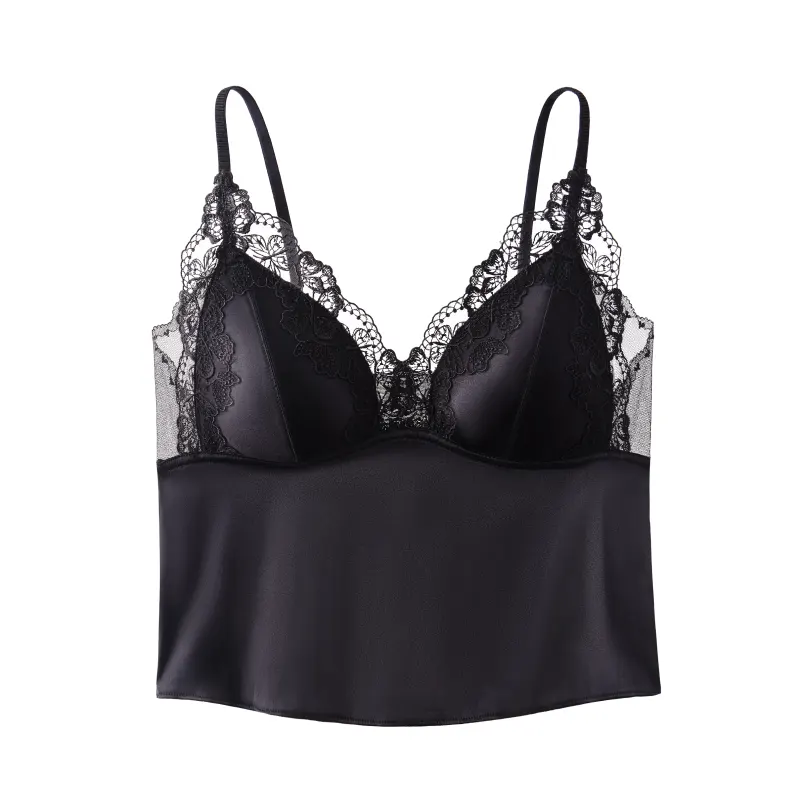 Lace Spliced Triangle Cup Satin Camisole Tops