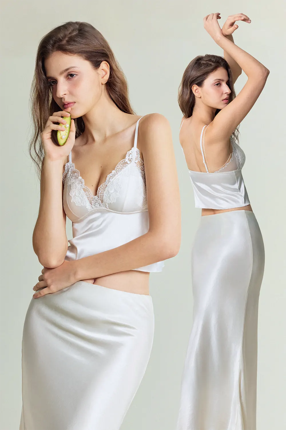Lace Spliced Triangle Cup Satin Camisole Tops