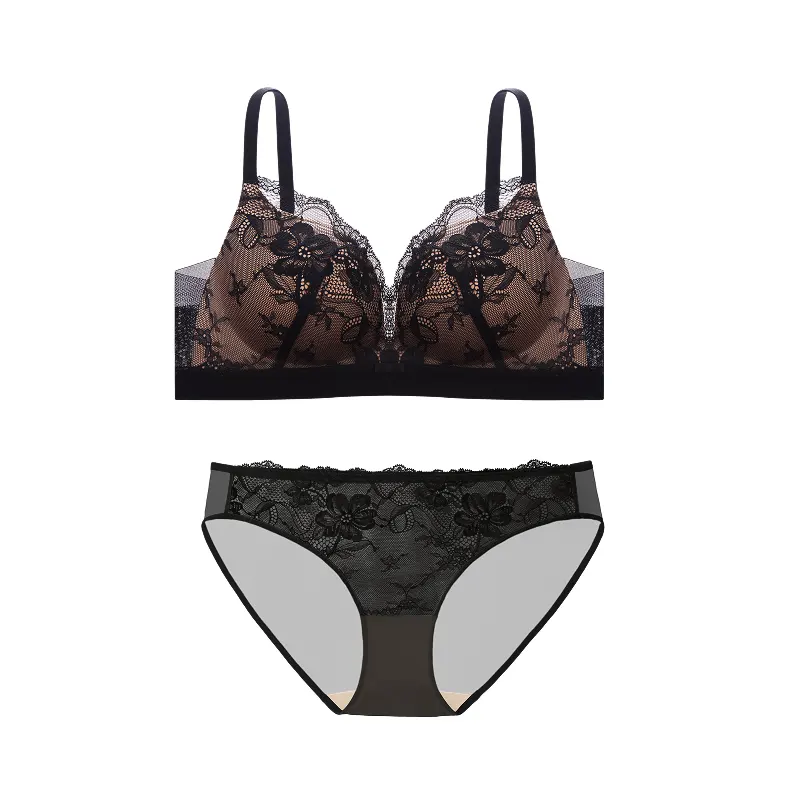 Lace Push Up Plunge Floral Bras Set