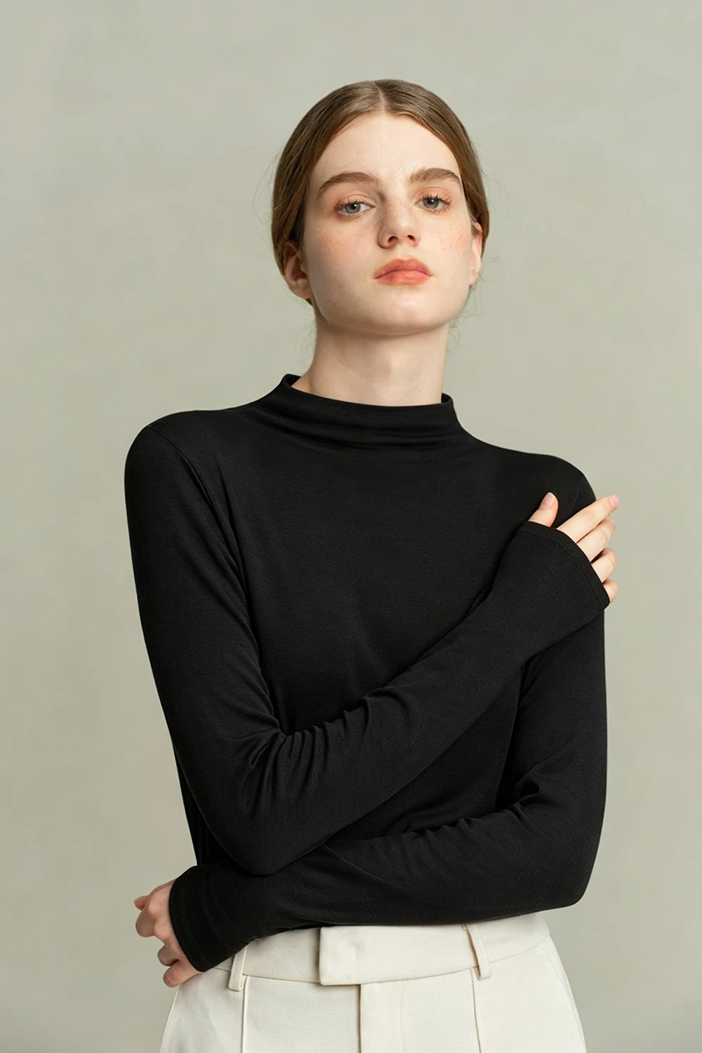 Lyocell Wool Long Sleeve Mock Neck Thermal Underwear Tops