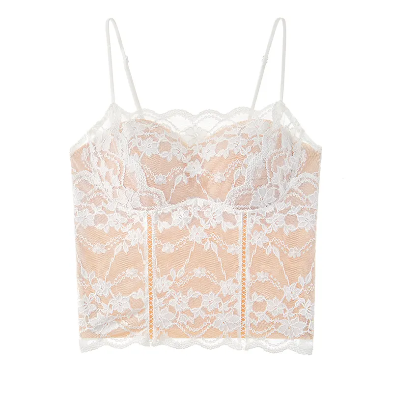 Floral Lace Cami Slimming Crop Built-in Bra Tops