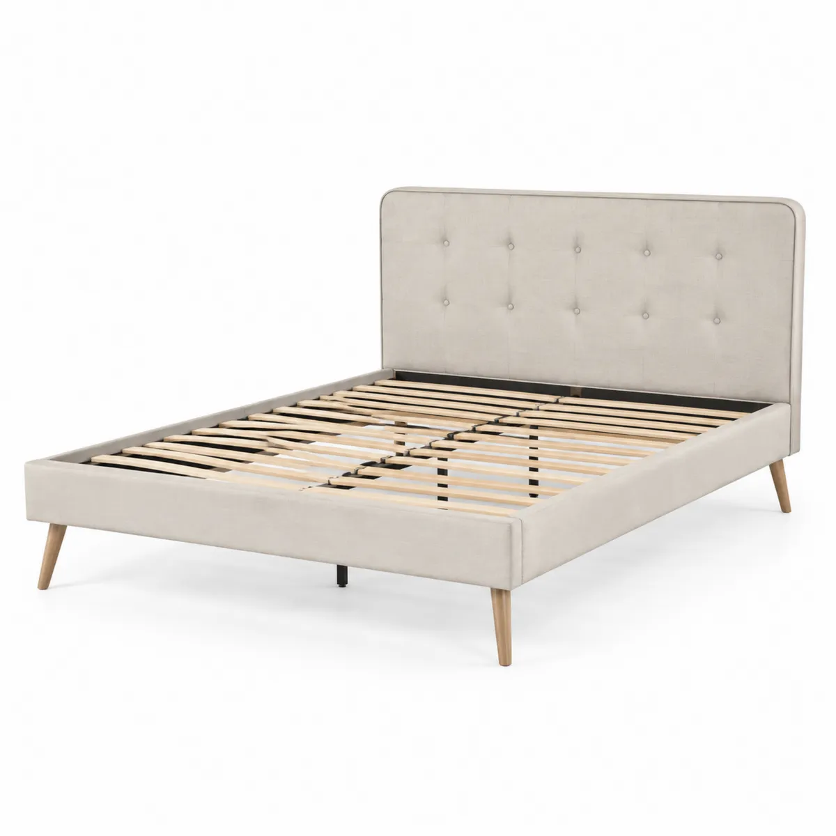 Letto matrimoniale in legno e tessuto Beige con testiera-Hearthglowe