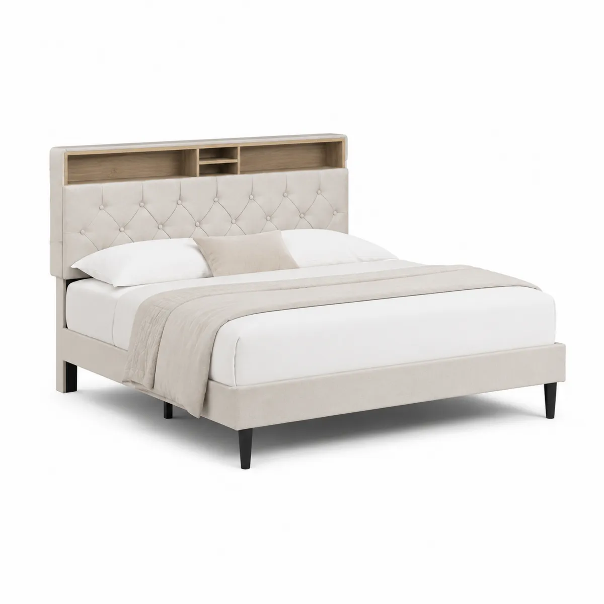 Letto matrimoniale in tessuto con testiera e ripiani, 200x160 cm-Hearthglowe