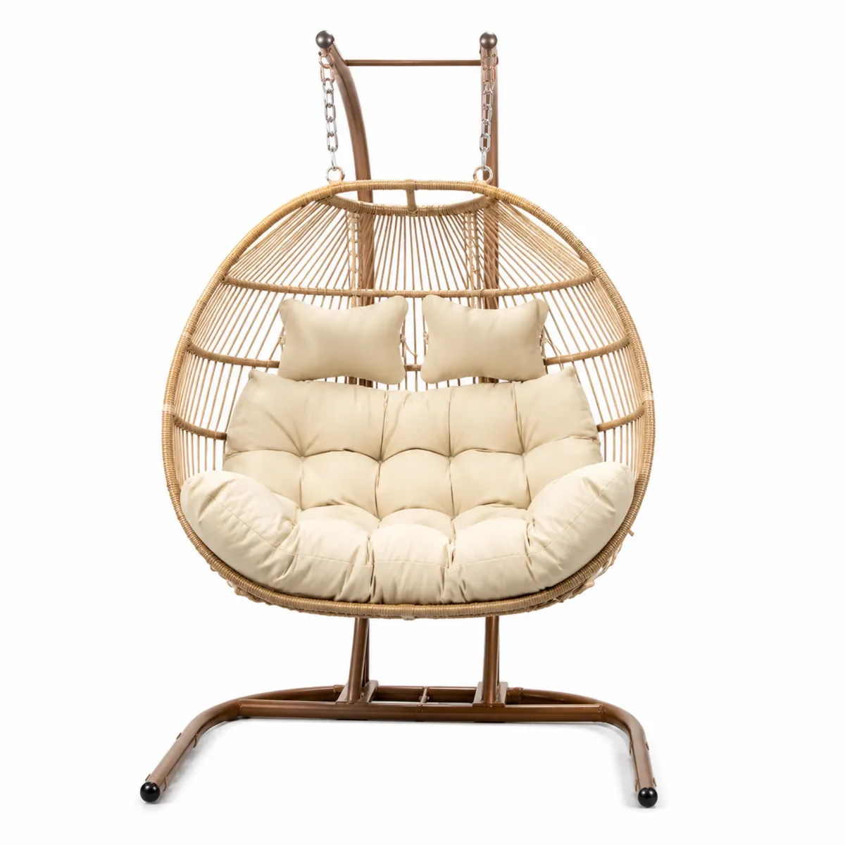 Sedia sospesa in rattan con cuscini crema, struttura in acciaio-Hearthglowe