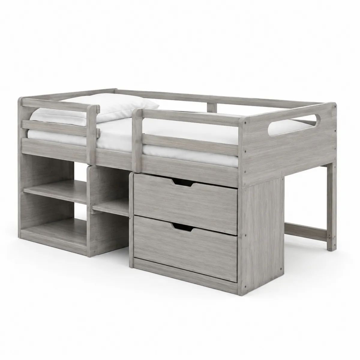Letto per Bambini con Cassetti e Mensole in Legno Massello Grigio-Hearthglowe