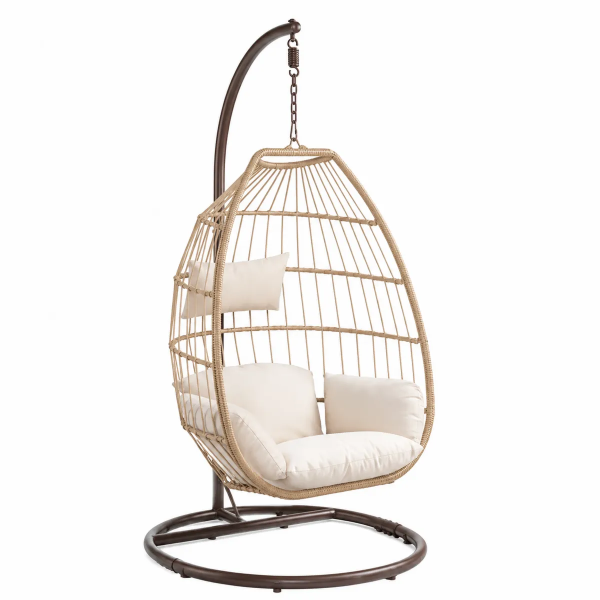 Poltrona sospesa in metallo e rattan sintetico con cuscini beige-Hearthglowe
