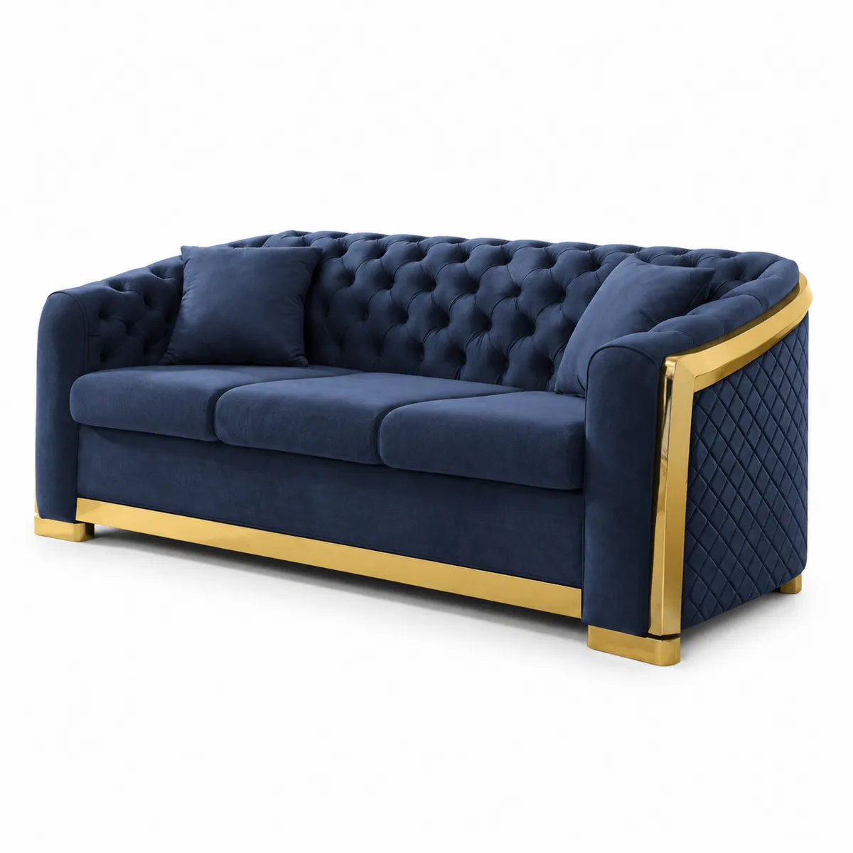 Divano in Velluto Blu con Finiture Dorate-Hearthglowe
