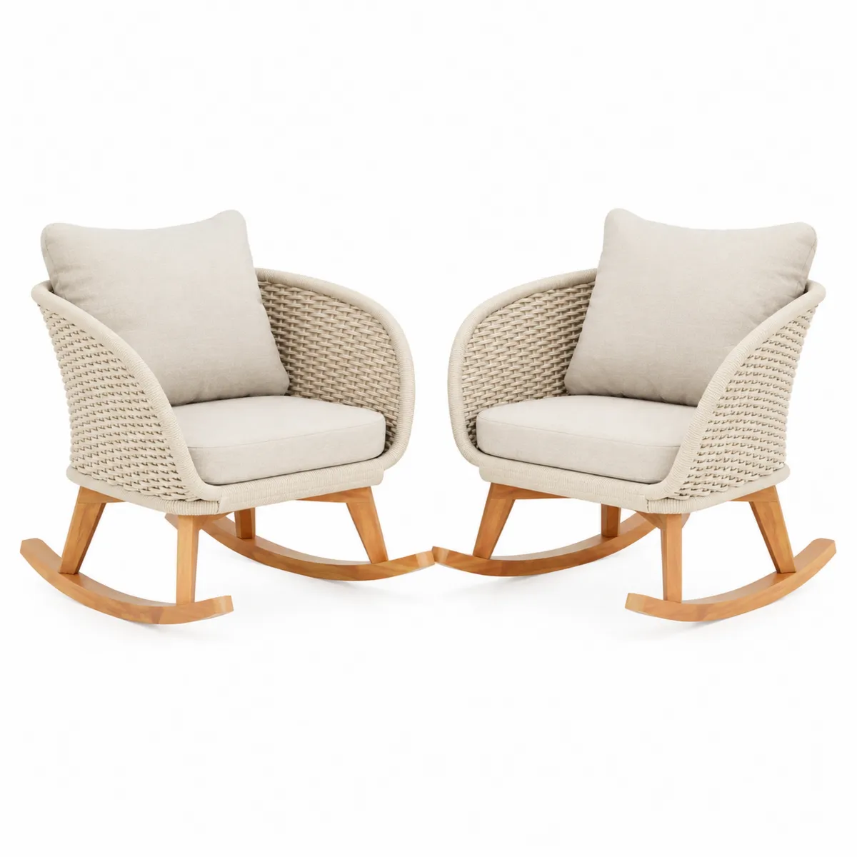 Set di Sedie a Dondolo in Legno e Corda con Cuscini Beige-Hearthglowe