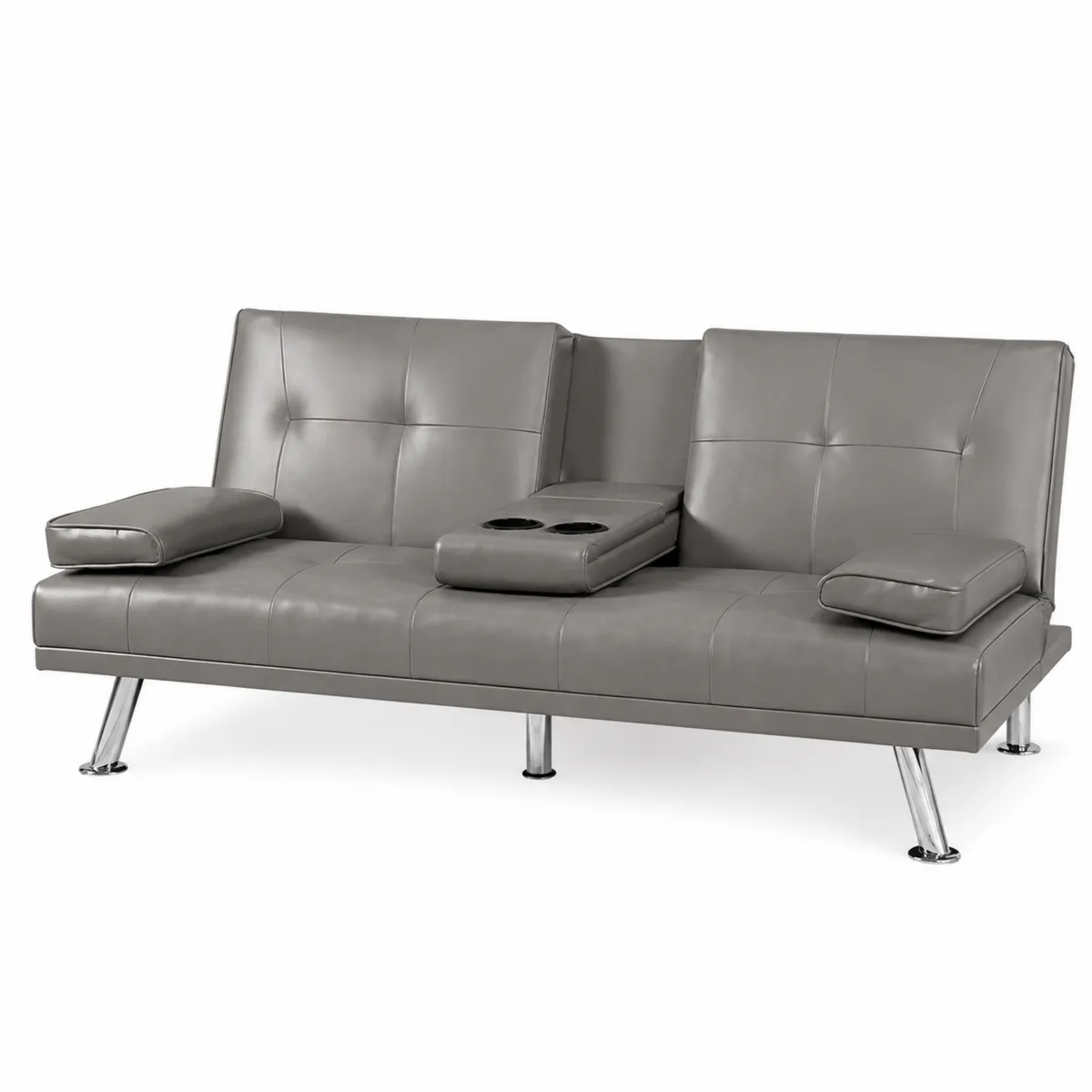 Divano Letto in Pelle Sintetica Grigia con Portabicchieri e Gambe Cromate-Hearthglowe