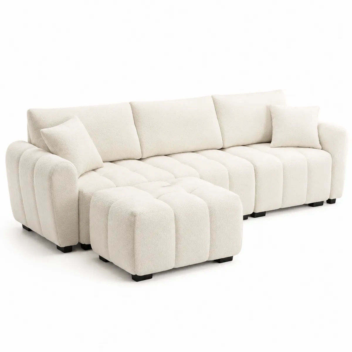 Divano Angolare in Tessuto Poliestere Beige con Pouf-Hearthglowe