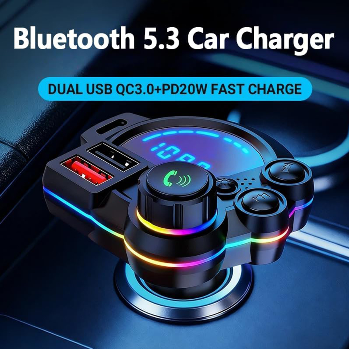 The perfect Father's Day gift: a car Bluetooth 5.0 FM transmitter with dual USB fast charging, hands-free calling, an MP3 music player, and colorful ambient lighting.