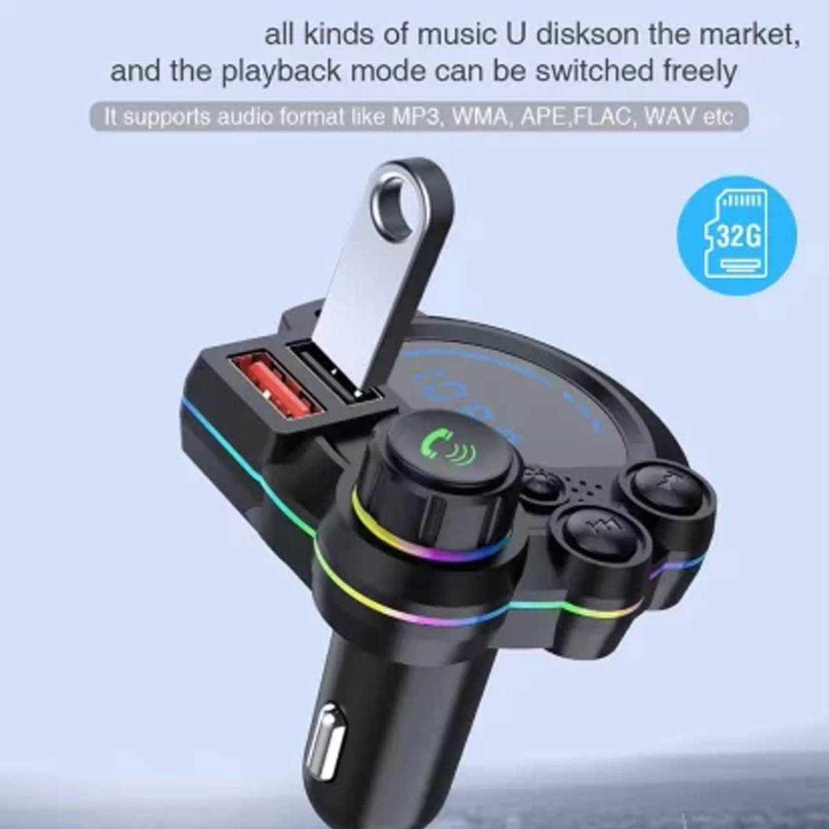 The perfect Father's Day gift: a car Bluetooth 5.0 FM transmitter with dual USB fast charging, hands-free calling, an MP3 music player, and colorful ambient lighting.