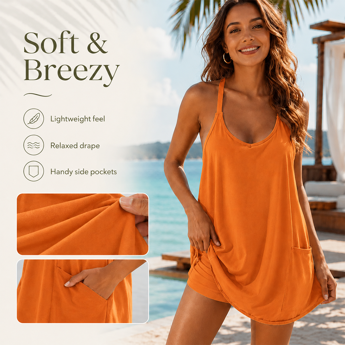 Women’s Casual Summer Dress with Built-in Shorts, Loose Fit Sleeveless Mini Dress with Pockets, Soft Stretch Fabric, Comfortable Everyday Outfit for Travel, Beach, Sports and Daily Wear
