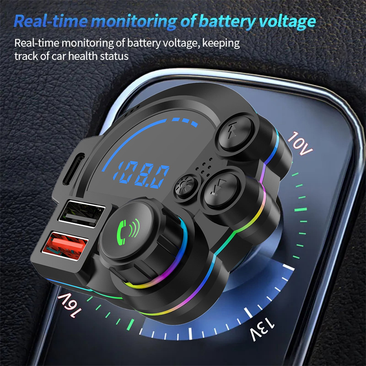 The perfect Father's Day gift: a car Bluetooth 5.0 FM transmitter with dual USB fast charging, hands-free calling, an MP3 music player, and colorful ambient lighting.