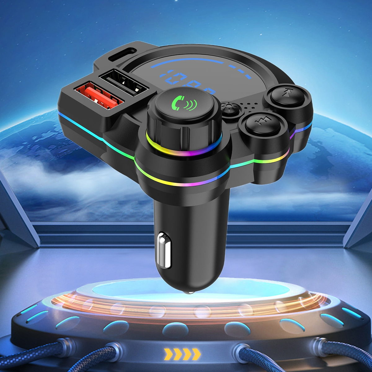 The perfect Father's Day gift: a car Bluetooth 5.0 FM transmitter with dual USB fast charging, hands-free calling, an MP3 music player, and colorful ambient lighting.