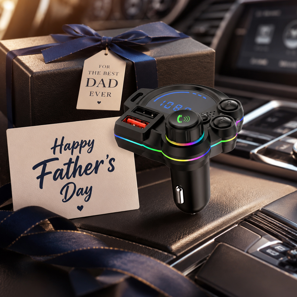 The perfect Father's Day gift: a car Bluetooth 5.0 FM transmitter with dual USB fast charging, hands-free calling, an MP3 music player, and colorful ambient lighting.