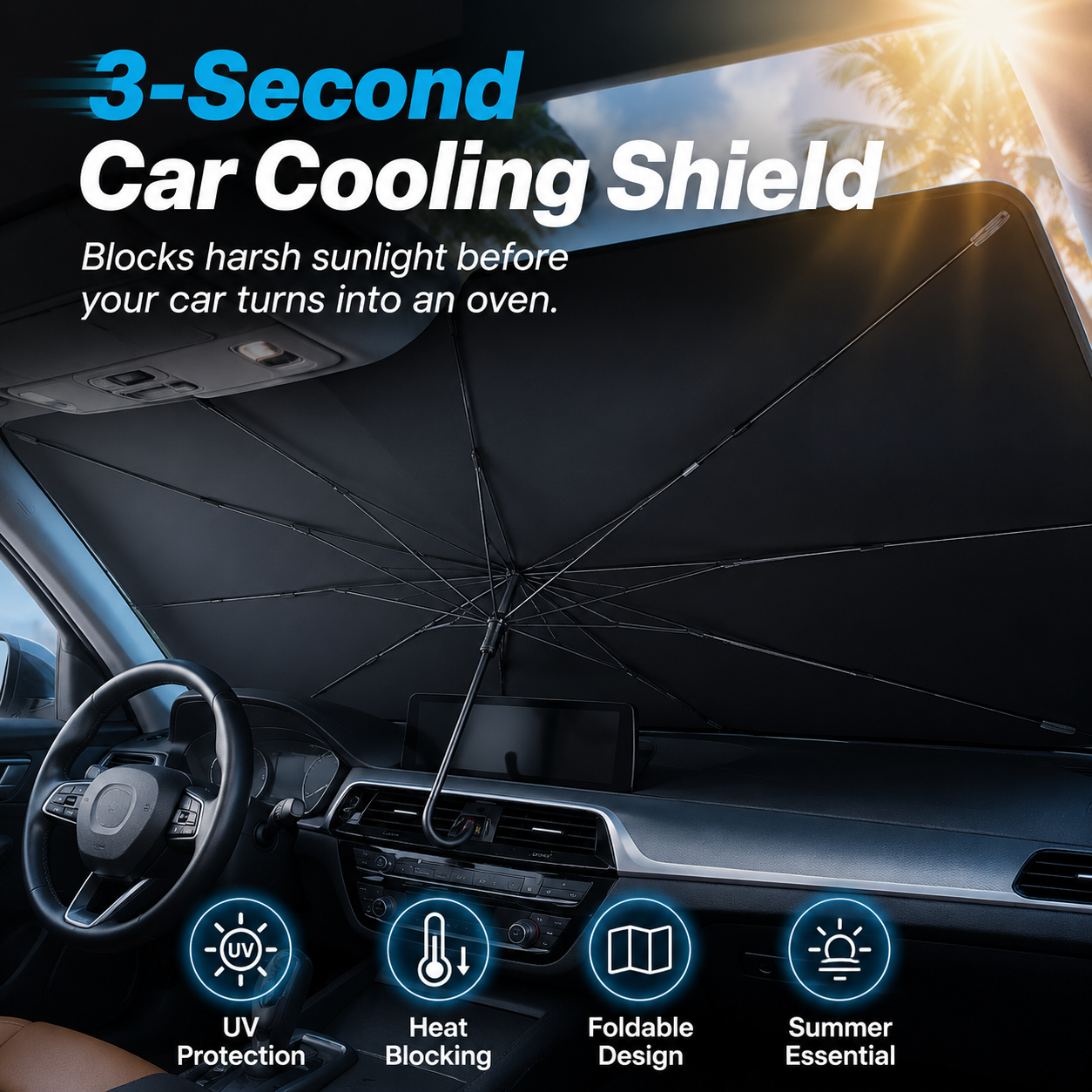 Portable Foldable Car Windshield Sunshade Umbrella | Heat-Blocking Exterior Cooling Accessory