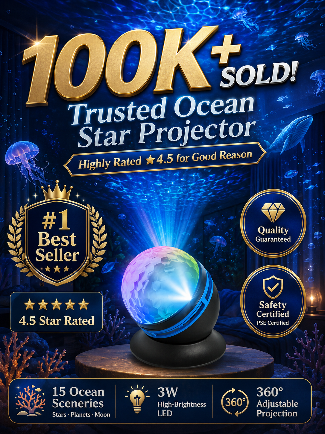 ✨Topacme®2-in-1 lmmersive Projection &Purple AmbientProtection Mode | Large-sphere projection & 4K immersive visuals. Instantly soothe your night!