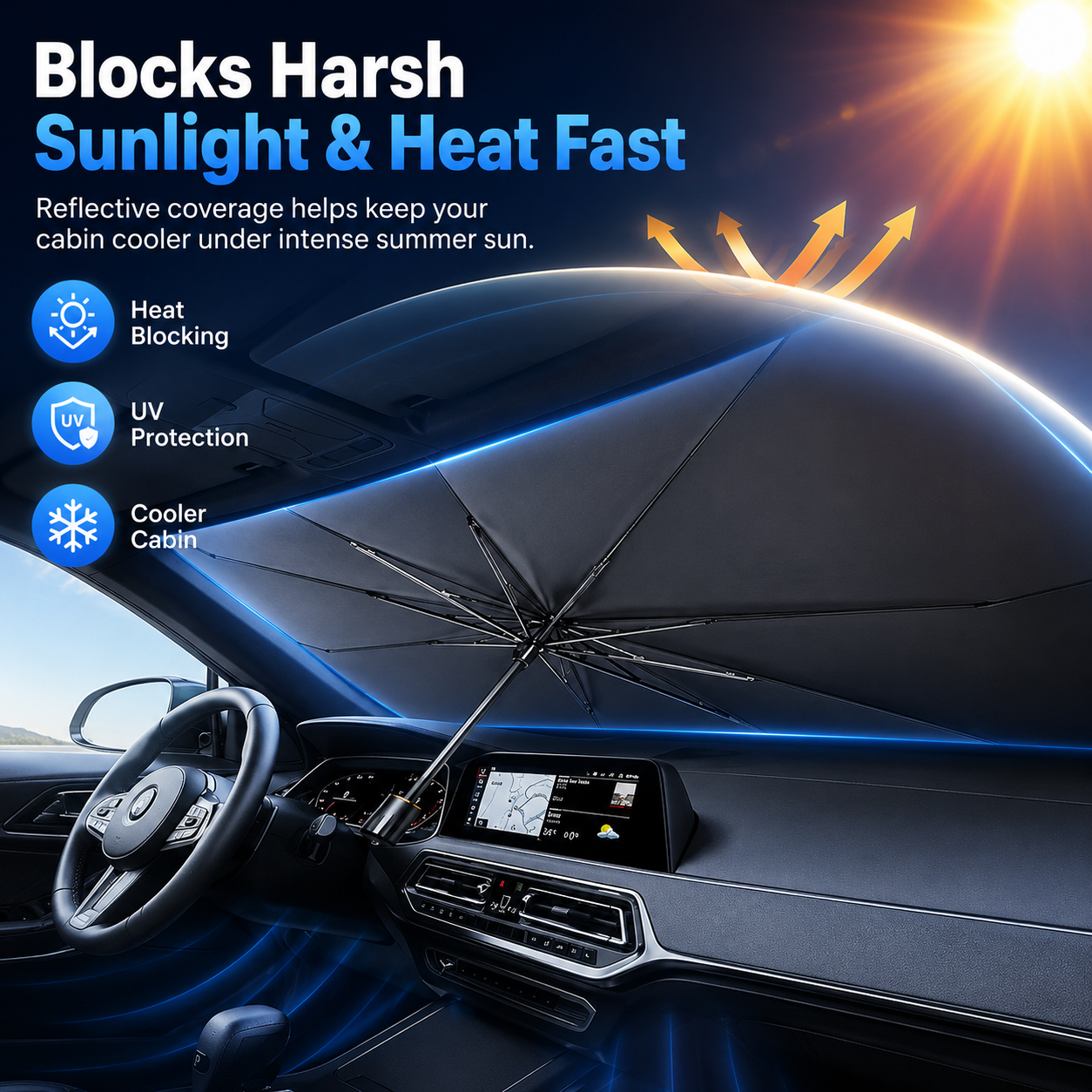 Portable Foldable Car Windshield Sunshade Umbrella | Heat-Blocking Exterior Cooling Accessory