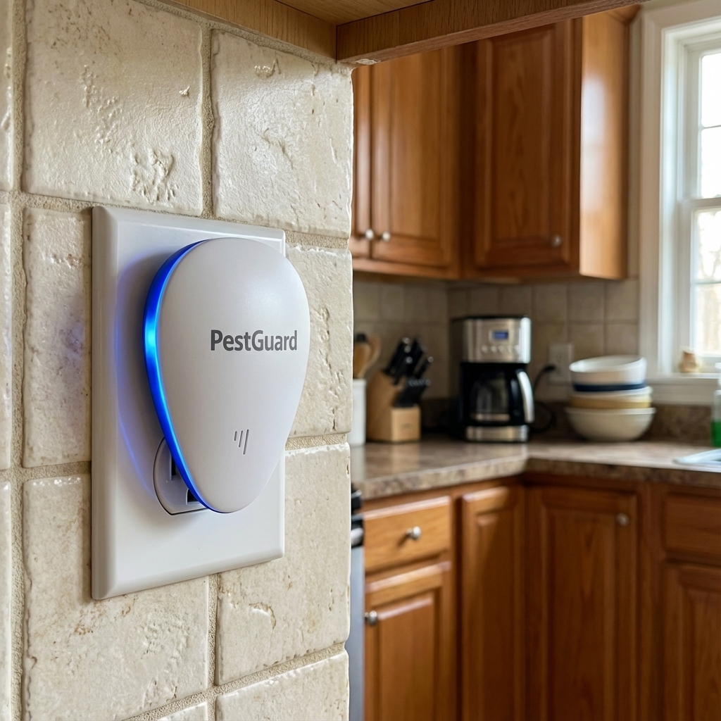 UGC style square collage of renter kitchen with PestGuard plugged in