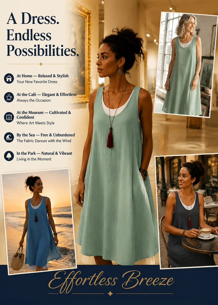 ☀️ 35°C OUTSIDE? THIS IS THE DRESS YOU’LL STILL WANT TO WEAR ALL DAY. 🌿 Hand-Cut 3D Two-Piece Tank Dress — Breathable Linen Outside, Soft Pure-Cotton Lining Inside, Designed to Keep Summer Outfits Light, Airy and Effortlessly Elegant.