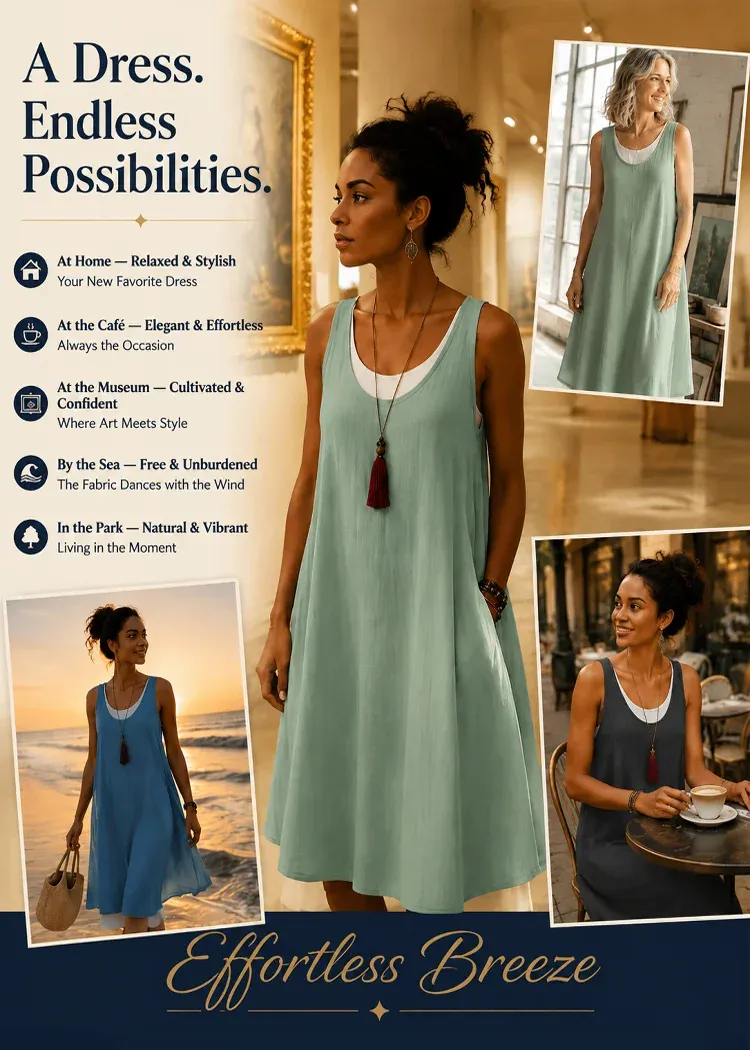 ☀️ 35°C OUTSIDE? THIS IS THE DRESS YOU’LL STILL WANT TO WEAR ALL DAY. 🌿 Hand-Cut 3D Two-Piece Tank Dress — Breathable Linen Outside, Soft Pure-Cotton Lining Inside, Designed to Keep Summer Outfits Light, Airy and Effortlessly Elegant.