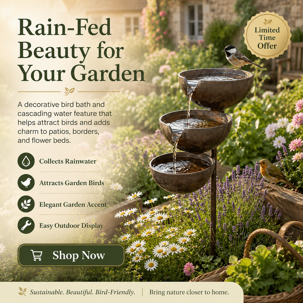 🌧️🐦 Rain Catcher Self-Filling Bird Bath | Weatherproof Outdoor Garden Bird Water Bowl