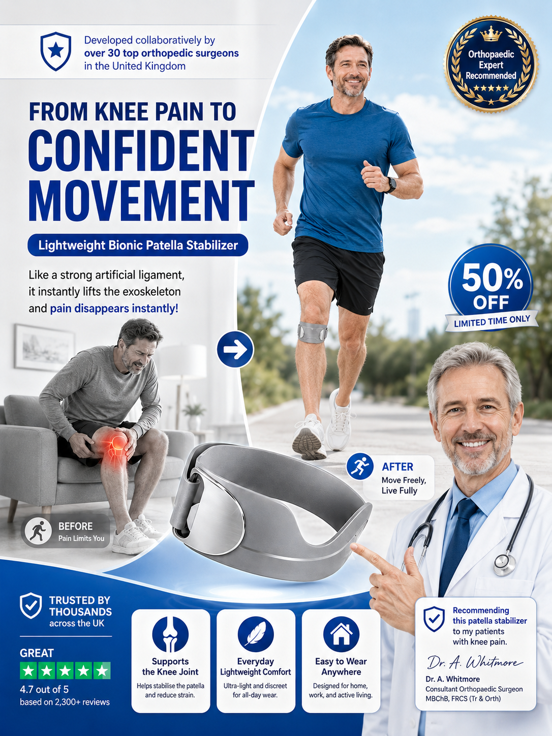 👩‍⚕️【Developed collaboratively by over 30 top orthopedic surgeons in the United States.】Lightweight Bionic Patella Stabilizer，Like a strong artificial ligament, it instantly lifts the exoskeleton, and pain disappears instantly!