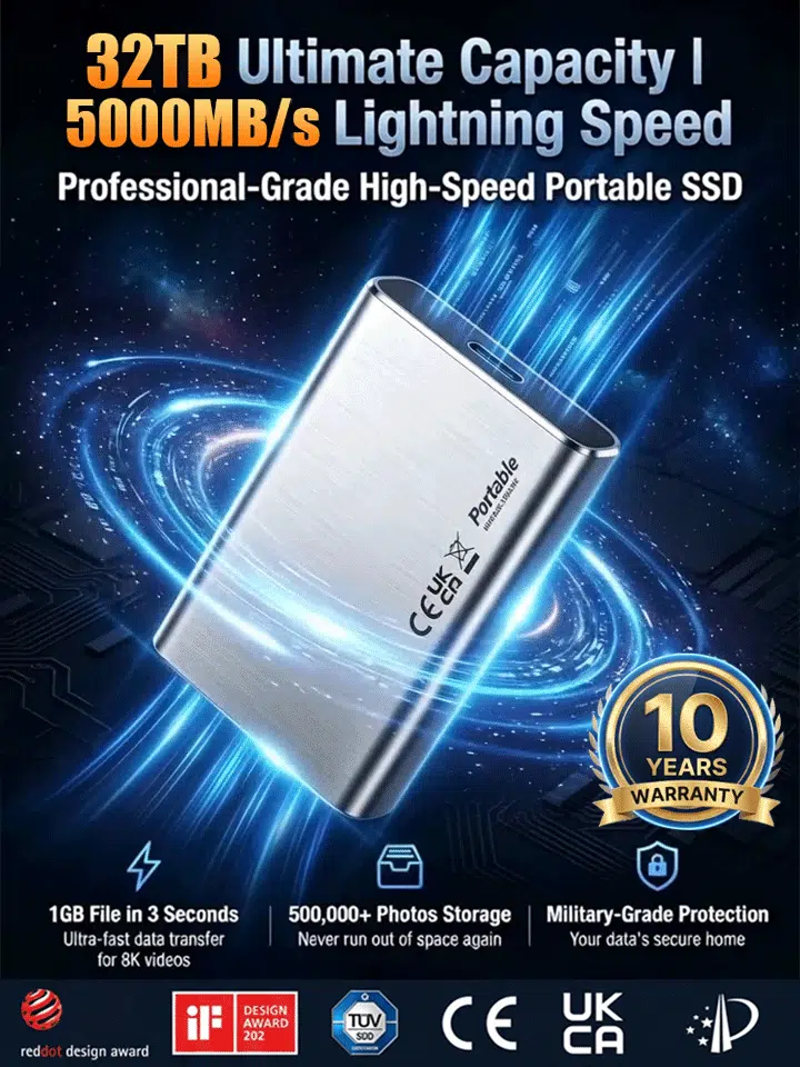 🚀 32TB IN YOUR POCKET — MOVE MASSIVE FILES AT UP TO 4000MB/s! ⚡ The Ultra-High-Capacity Portable SSD Built to Crush Storage Anxiety — Blazing-Fast Transfers, Rugged Metal Protection and Enough Space to Carry Your Digital World Anywhere. 🔒💼