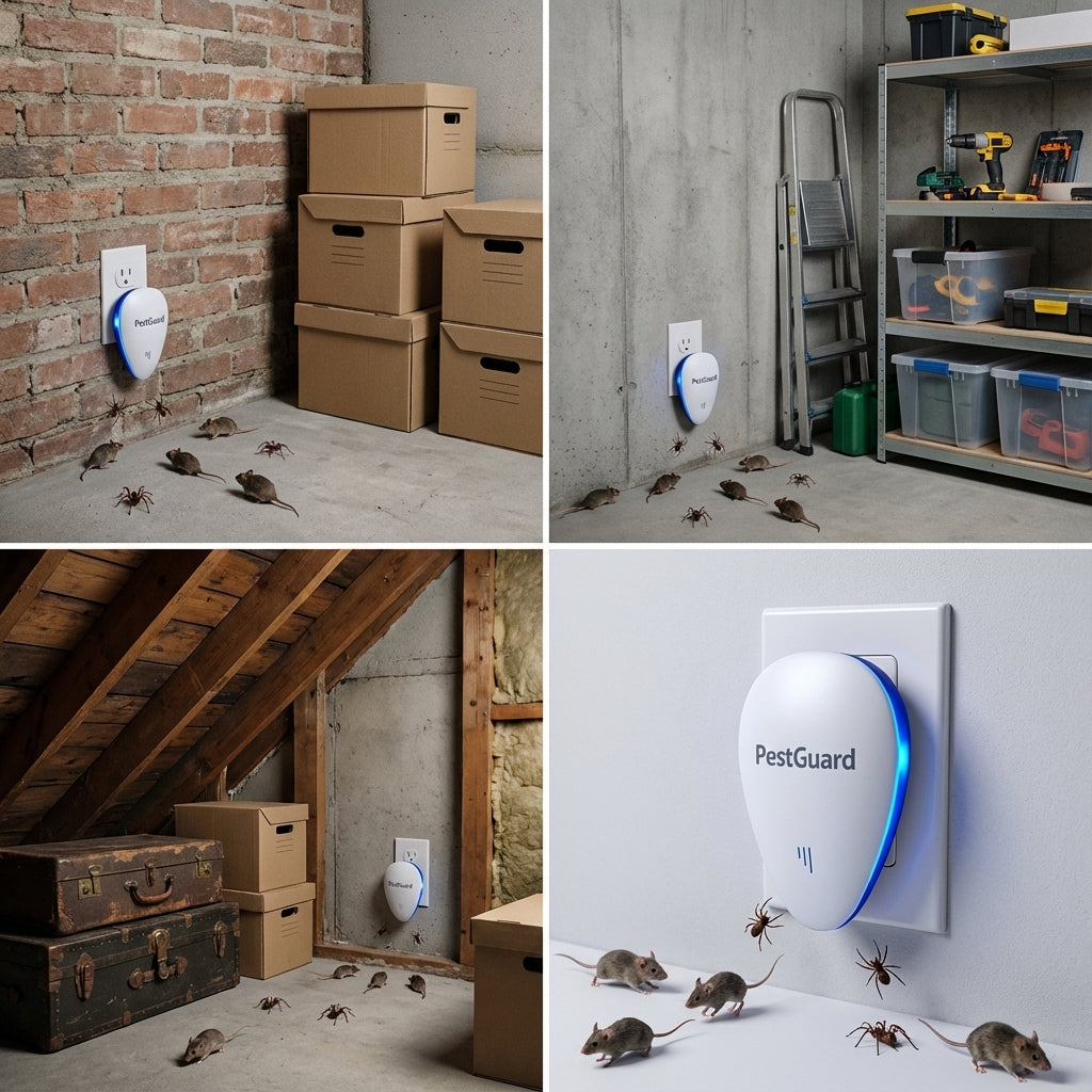 Basement, garage and attic views showing rodents avoiding PestGuard protected zones