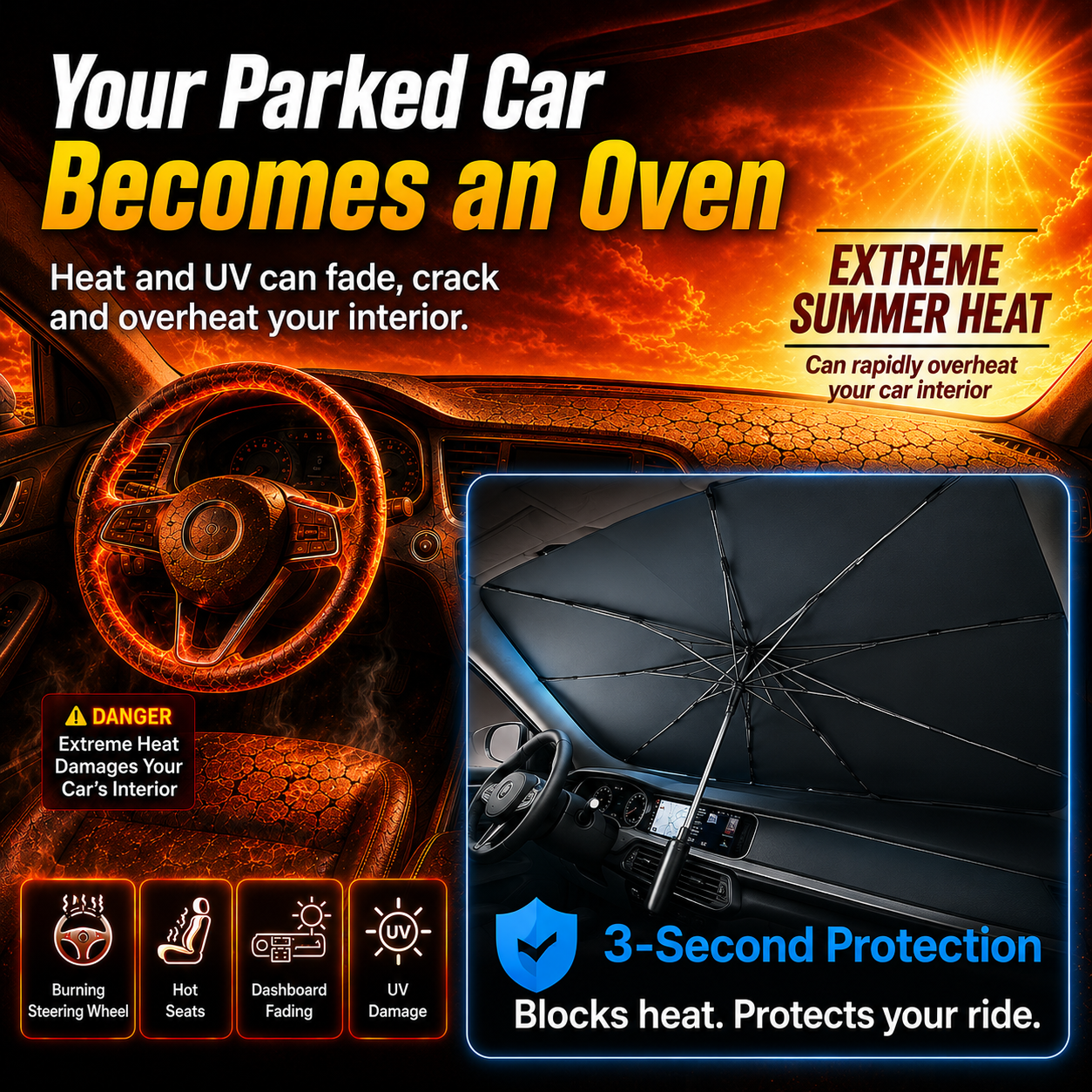 Portable Foldable Car Windshield Sunshade Umbrella | Heat-Blocking Exterior Cooling Accessory