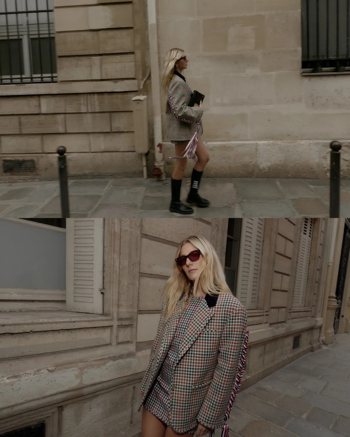 Paris-Inspired Check Blazer with Ribbon Detail