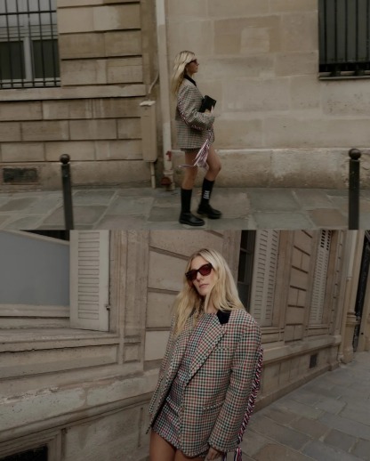 Paris-Inspired Check Blazer with Ribbon Detail