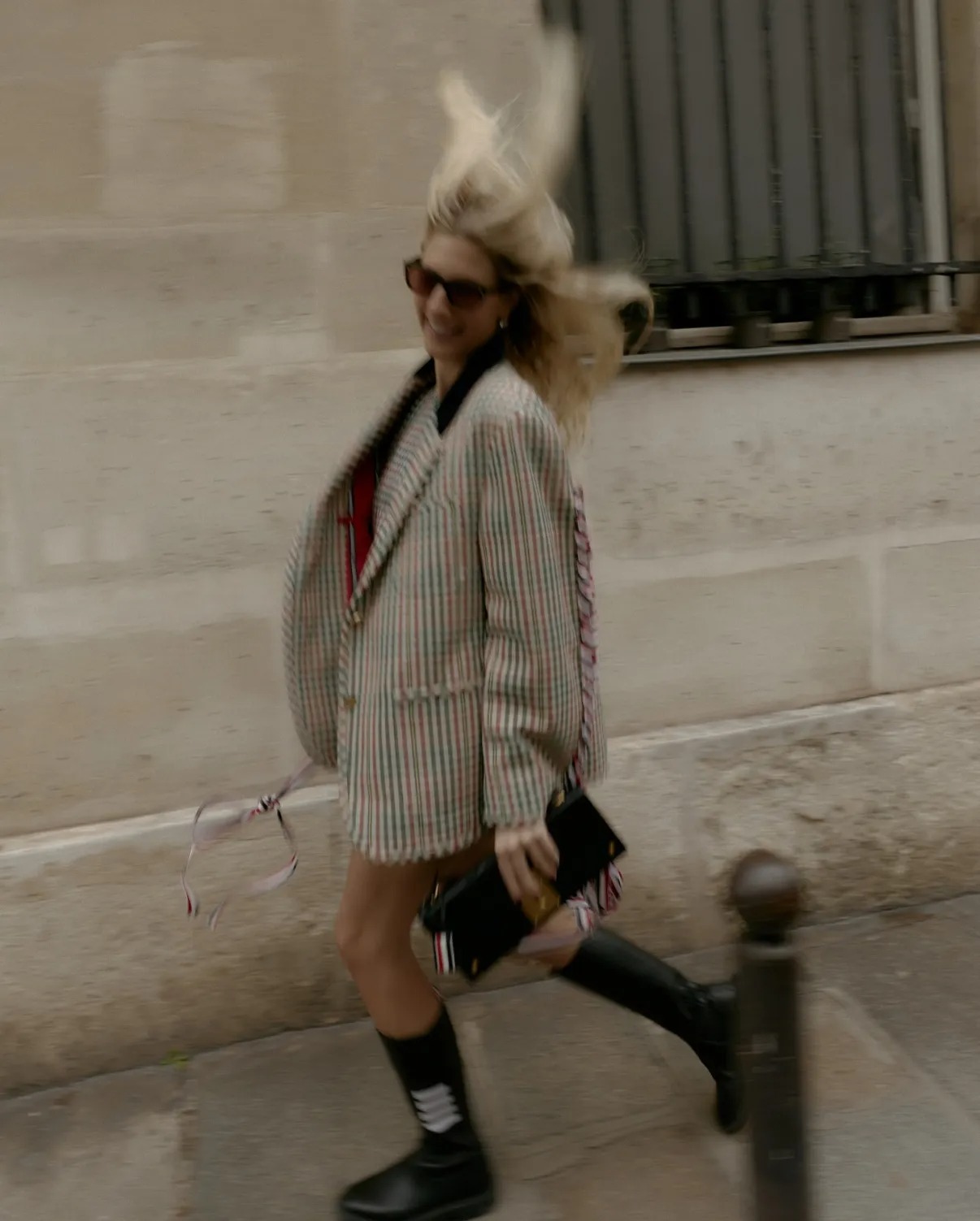 Paris-Inspired Check Blazer with Ribbon Detail