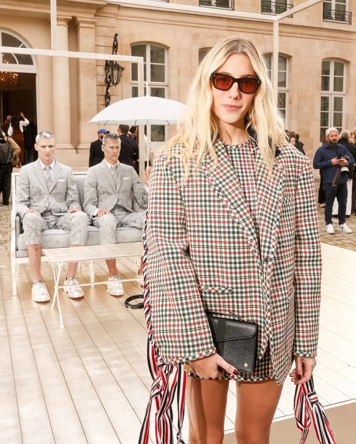Paris-Inspired Check Blazer with Ribbon Detail
