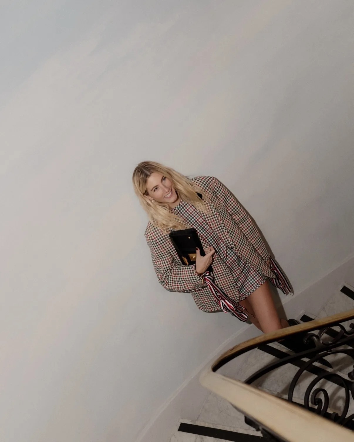 Paris-Inspired Check Blazer with Ribbon Detail