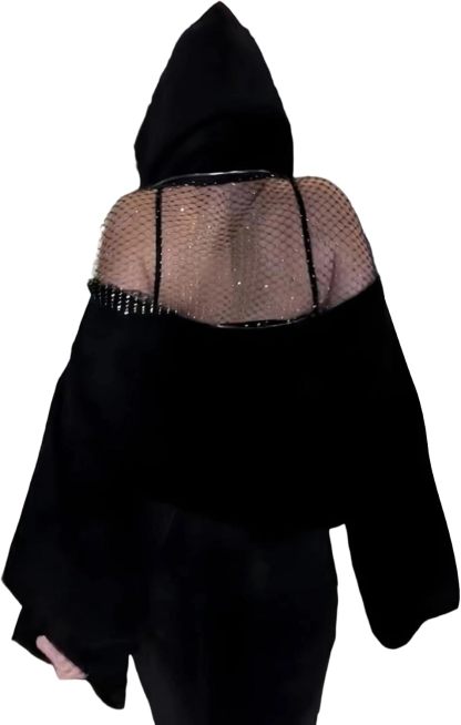  Women Hoodie Sweatshirt Sexy Back Sequin See Through Fishnet Mesh Pullover Long Sleeve Backless Top with Pocket