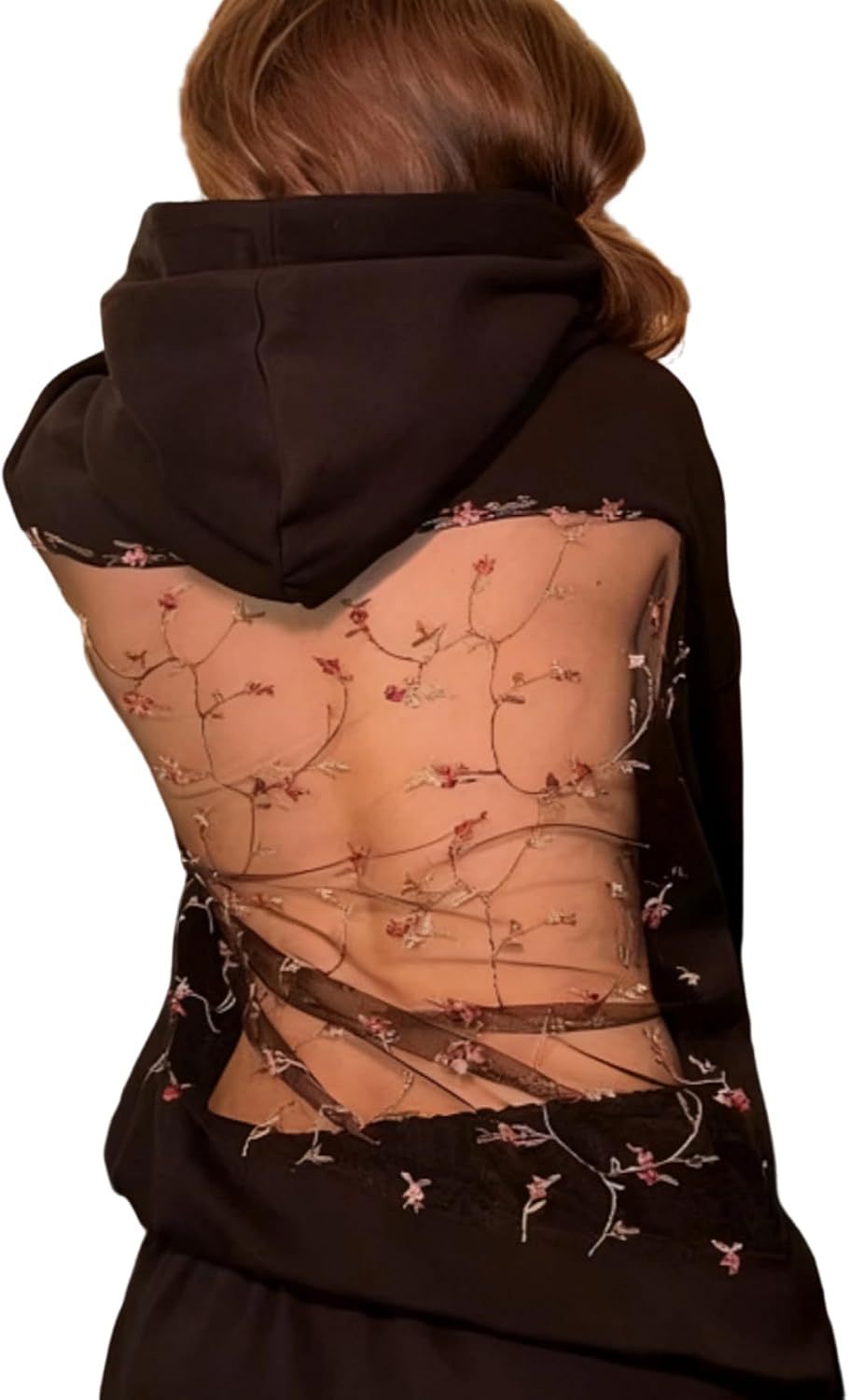  Women Hoodie Sweatshirt Sexy Back Sequin See Through Fishnet Mesh Pullover Long Sleeve Backless Top with Pocket
