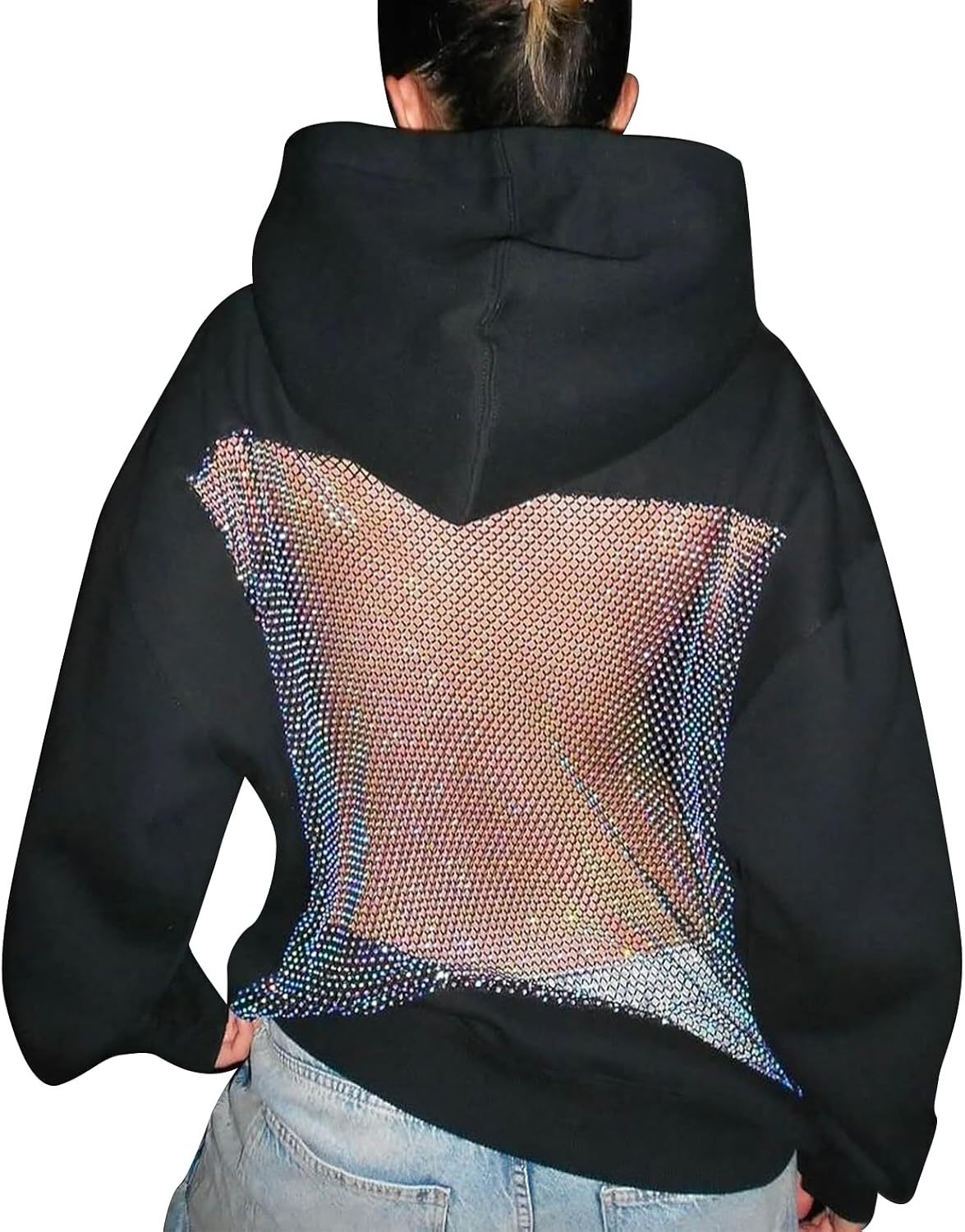  Women Hoodie Sweatshirt Sexy Back Sequin See Through Fishnet Mesh Pullover Long Sleeve Backless Top with Pocket