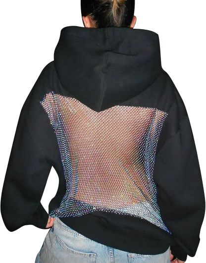  Women Hoodie Sweatshirt Sexy Back Sequin See Through Fishnet Mesh Pullover Long Sleeve Backless Top with Pocket