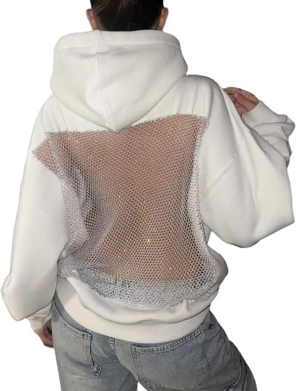  Women Hoodie Sweatshirt Sexy Back Sequin See Through Fishnet Mesh Pullover Long Sleeve Backless Top with Pocket
