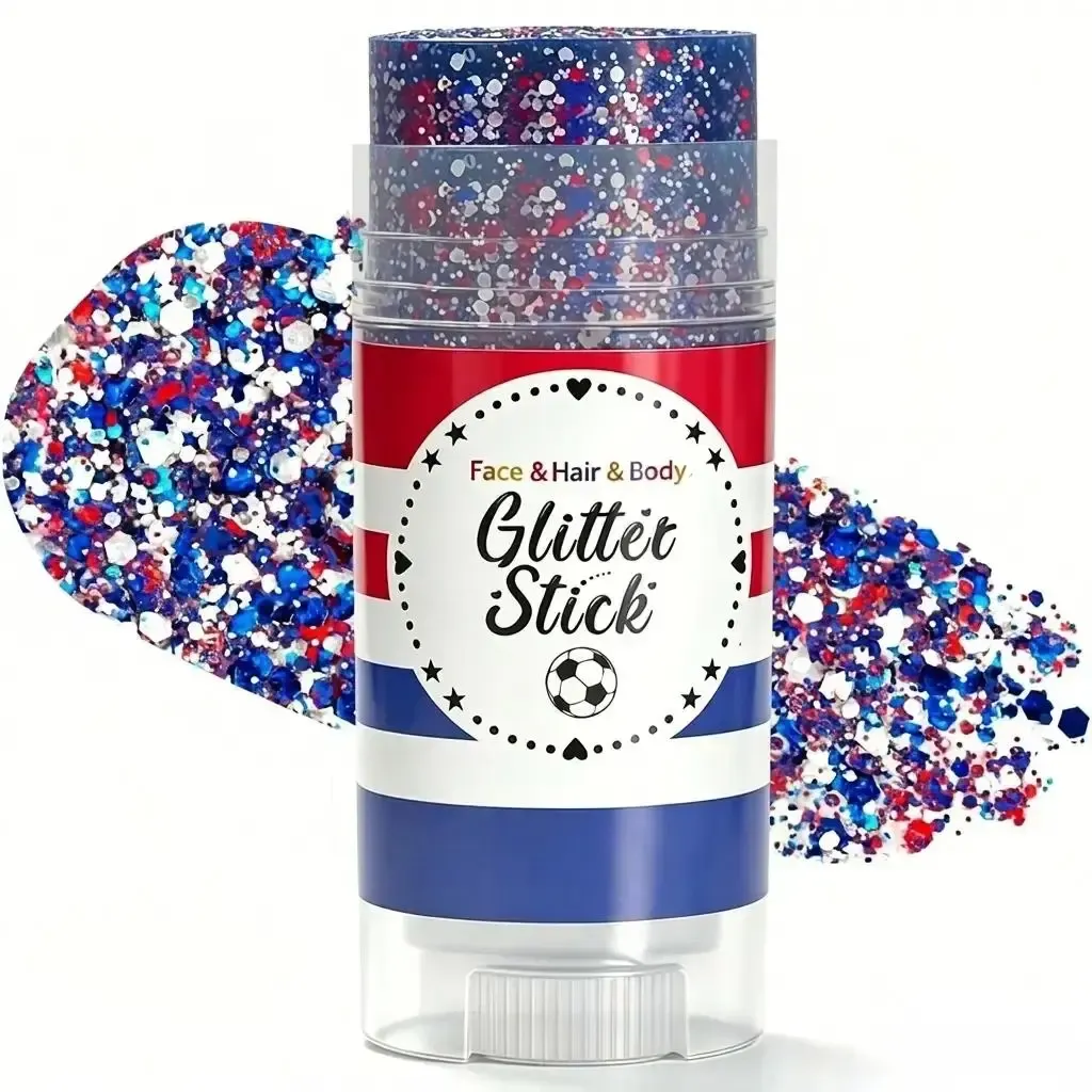 4th of July Glitter Stick, Red White Blue Shimmer Gel, Long Lasting Body Face Hair Shiny Makeup, Easy To Apply Patriotic Sparkle Cosmetic, Perfect for Independence Day Party Festival Holiday Daily Trendy Look