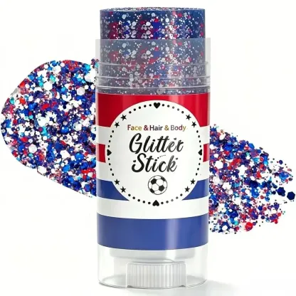4th of July Glitter Stick, Red White Blue Shimmer Gel, Long Lasting Body Face Hair Shiny Makeup, Easy To Apply Patriotic Sparkle Cosmetic, Perfect for Independence Day Party Festival Holiday Daily Trendy Look