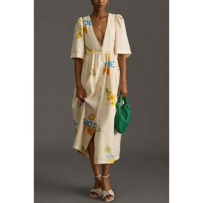 Printed Linen Midi Dress